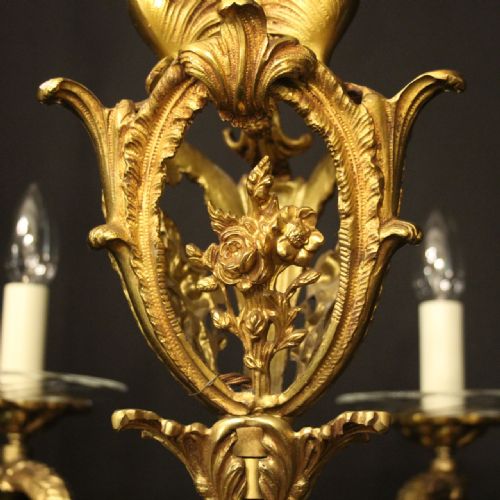 ITALIAN GILDED BRONZE 6 LIGHT ANTIQUE CHANDELIER - ADDITIONAL PHOTO 5