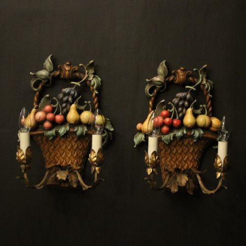 florentine polychrome fruit basket carved antique wall lights - CATEGORY: ANTIQUE LIGHTING - DATED 1930