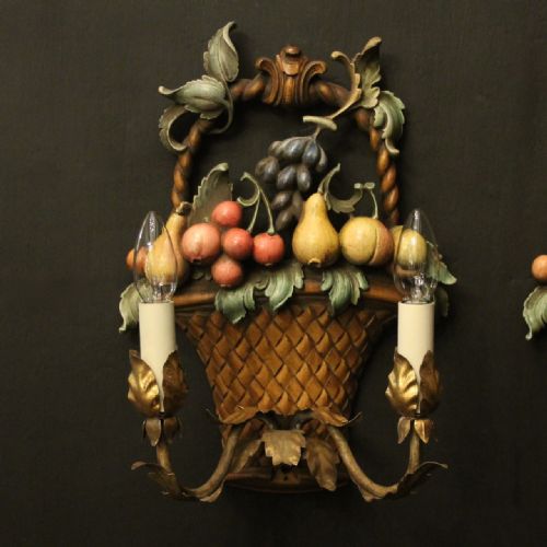 FLORENTINE POLYCHROME FRUIT BASKET CARVED ANTIQUE WALL LIGHTS - ADDITIONAL PHOTO 1