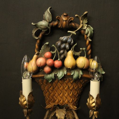 FLORENTINE POLYCHROME FRUIT BASKET CARVED ANTIQUE WALL LIGHTS - ADDITIONAL PHOTO 2