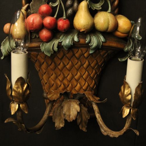 FLORENTINE POLYCHROME FRUIT BASKET CARVED ANTIQUE WALL LIGHTS - ADDITIONAL PHOTO 3