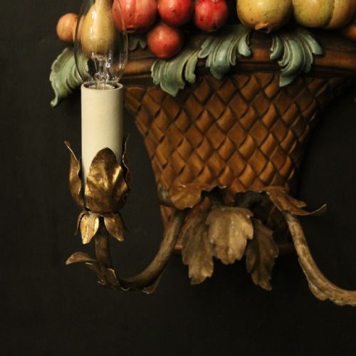 FLORENTINE POLYCHROME FRUIT BASKET CARVED ANTIQUE WALL LIGHTS - ADDITIONAL PHOTO 4