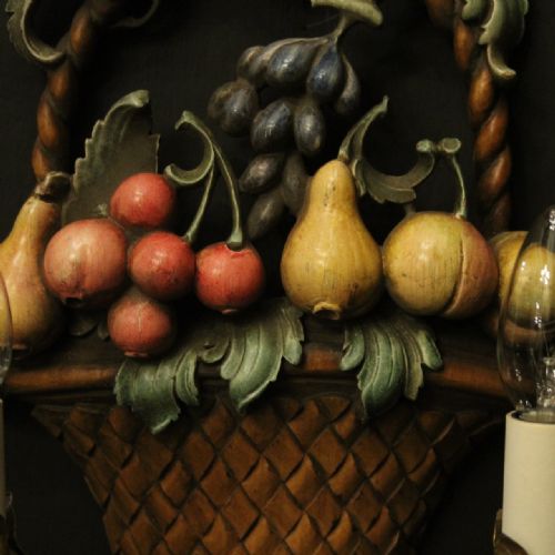 FLORENTINE POLYCHROME FRUIT BASKET CARVED ANTIQUE WALL LIGHTS - ADDITIONAL PHOTO 5