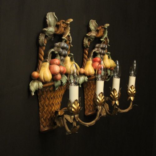 FLORENTINE POLYCHROME FRUIT BASKET CARVED ANTIQUE WALL LIGHTS - ADDITIONAL PHOTO 9