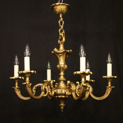 french gilded bronze 6 light antique chandelier - CATEGORY: ANTIQUE LIGHTING - DATED 1920