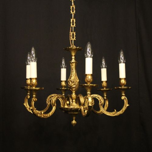 french gilded bronze 6 light antique chandelier - CATEGORY: ANTIQUE LIGHTING - DATED 1930