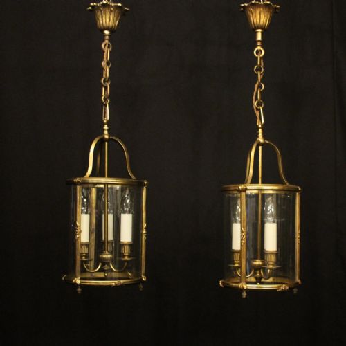 french pair of gilded bronze convex antique lanterns - CATEGORY: ANTIQUE LIGHTING - DATED 1920