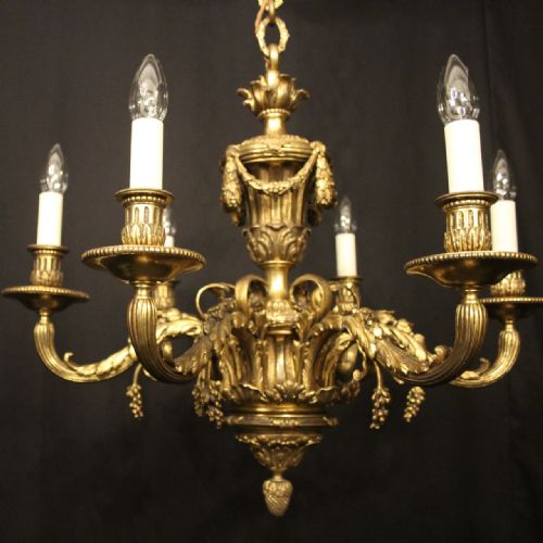FRENCH 19TH C BRONZE 6 LIGHT ANTIQUE CHANDELIER - ADDITIONAL PHOTO 1