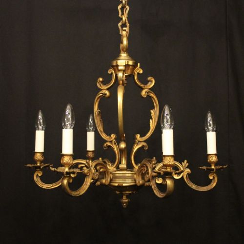 french gilded bronze 6 light antique chandelier - CATEGORY: ANTIQUE LIGHTING - DATED 1920
