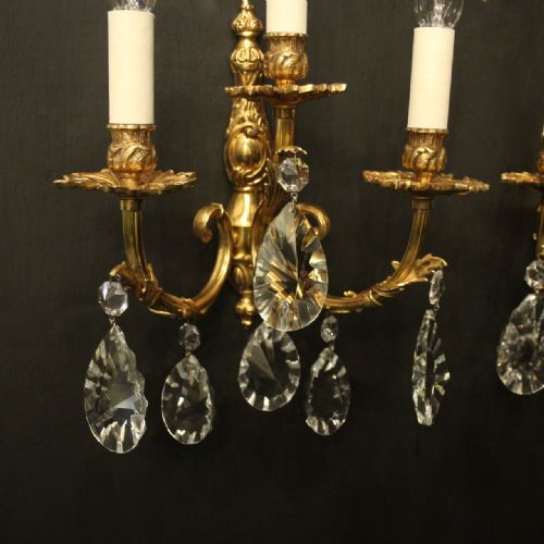 FRENCH PAIR OF BRONZE TRIPLE ARM ANTIQUE WALL LIGHTS - ADDITIONAL PHOTO 2
