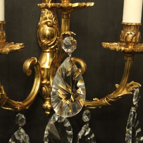 FRENCH PAIR OF BRONZE TRIPLE ARM ANTIQUE WALL LIGHTS - ADDITIONAL PHOTO 3