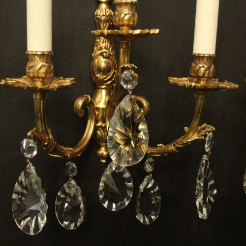 FRENCH PAIR OF BRONZE TRIPLE ARM ANTIQUE WALL LIGHTS - ADDITIONAL PHOTO 5