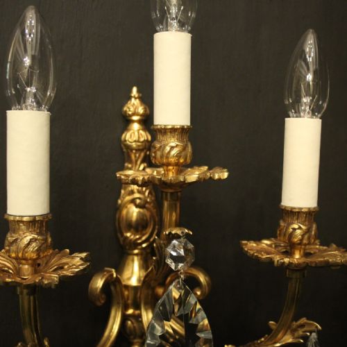 FRENCH PAIR OF BRONZE TRIPLE ARM ANTIQUE WALL LIGHTS - ADDITIONAL PHOTO 6