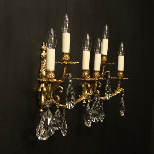 FRENCH PAIR OF BRONZE TRIPLE ARM ANTIQUE WALL LIGHTS - ADDITIONAL PHOTO 9