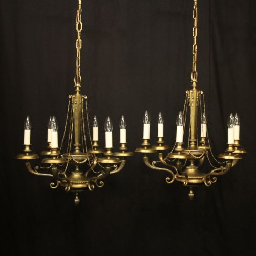 french pair of gilded spelter 6 light chandeliers - CATEGORY: ANTIQUE LIGHTING - DATED 1930