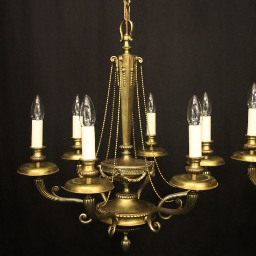 FRENCH PAIR OF GILDED SPELTER 6 LIGHT CHANDELIERS - ADDITIONAL PHOTO 1
