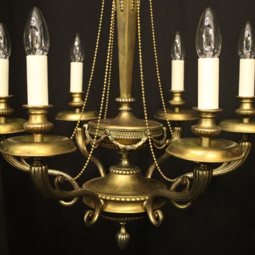 FRENCH PAIR OF GILDED SPELTER 6 LIGHT CHANDELIERS - ADDITIONAL PHOTO 2