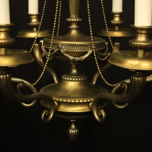 FRENCH PAIR OF GILDED SPELTER 6 LIGHT CHANDELIERS - ADDITIONAL PHOTO 6