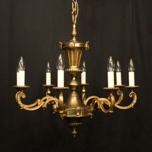 french gilded brass 8 light antique chandelier - CATEGORY: ANTIQUE LIGHTING - DATED 1920