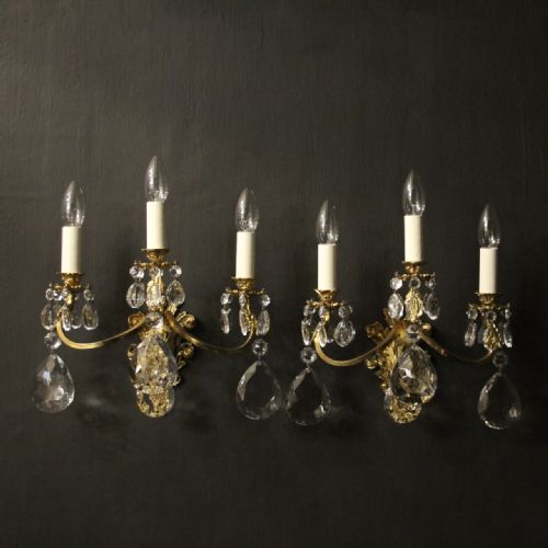 french pair of gilded bronze crystal triple arm wall lights - CATEGORY: ANTIQUE LIGHTING - DATED 1920