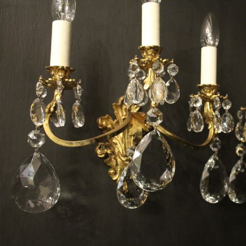 FRENCH PAIR OF GILDED BRONZE CRYSTAL TRIPLE ARM WALL LIGHTS - ADDITIONAL PHOTO 2