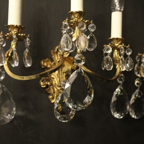 FRENCH PAIR OF GILDED BRONZE CRYSTAL TRIPLE ARM WALL LIGHTS - ADDITIONAL PHOTO 3