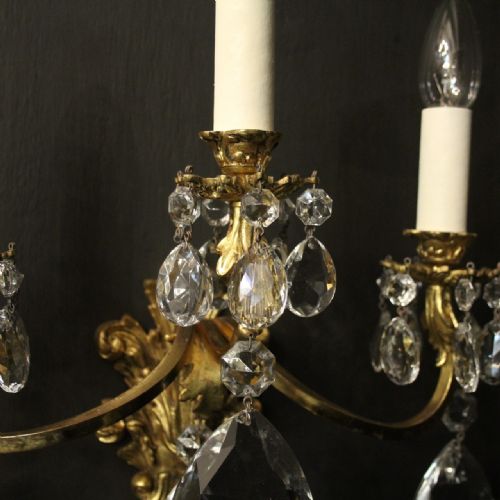 FRENCH PAIR OF GILDED BRONZE CRYSTAL TRIPLE ARM WALL LIGHTS - ADDITIONAL PHOTO 4