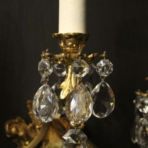 FRENCH PAIR OF GILDED BRONZE CRYSTAL TRIPLE ARM WALL LIGHTS - ADDITIONAL PHOTO 5