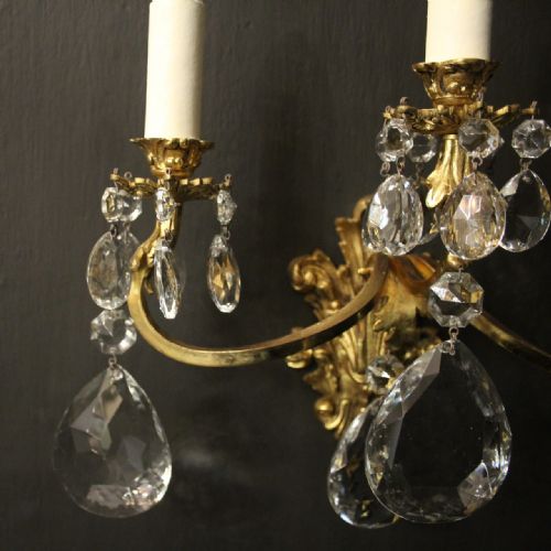 FRENCH PAIR OF GILDED BRONZE CRYSTAL TRIPLE ARM WALL LIGHTS - ADDITIONAL PHOTO 6