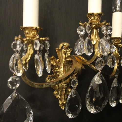 FRENCH PAIR OF GILDED BRONZE CRYSTAL TRIPLE ARM WALL LIGHTS - ADDITIONAL PHOTO 7
