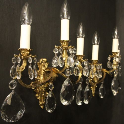 FRENCH PAIR OF GILDED BRONZE CRYSTAL TRIPLE ARM WALL LIGHTS - ADDITIONAL PHOTO 8