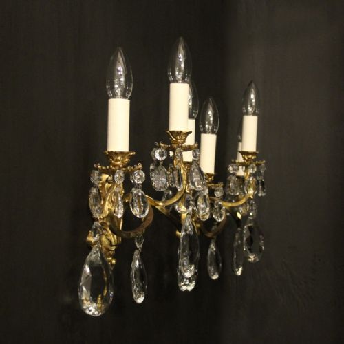 FRENCH PAIR OF GILDED BRONZE CRYSTAL TRIPLE ARM WALL LIGHTS - ADDITIONAL PHOTO 9