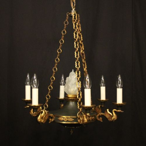 french bronze empire 6 light antique chandelier - CATEGORY: ANTIQUE LIGHTING - DATED 1920