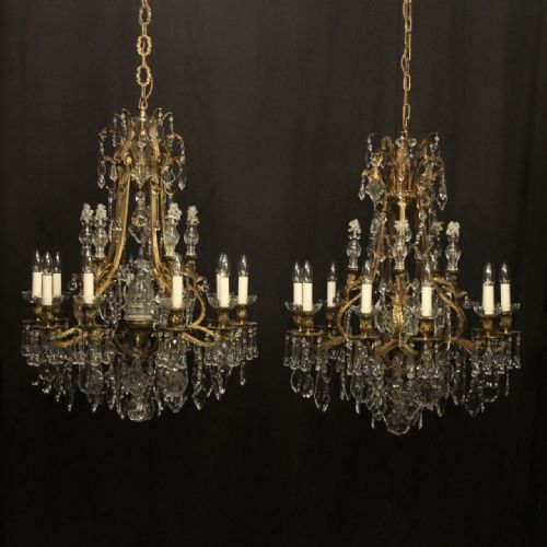 french quality pair of gilded bronze crystal antique chandeliers - CATEGORY: ANTIQUE LIGHTING - DATED 1910