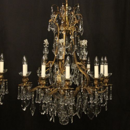 FRENCH QUALITY PAIR OF GILDED BRONZE CRYSTAL ANTIQUE CHANDELIERS - ADDITIONAL PHOTO 1