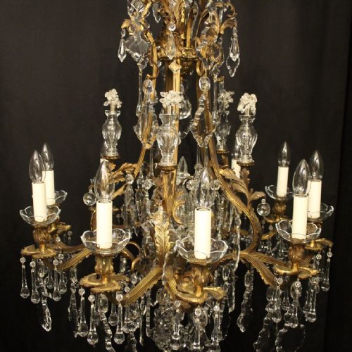 FRENCH QUALITY PAIR OF GILDED BRONZE CRYSTAL ANTIQUE CHANDELIERS - ADDITIONAL PHOTO 2