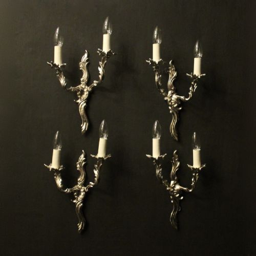 french set of 4 nickel twin arm antique wall lights - CATEGORY: ANTIQUE LIGHTING - DATED 1930