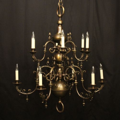 flemish tiered 12 light antique brass chandelier - CATEGORY: ANTIQUE LIGHTING - DATED 1910
