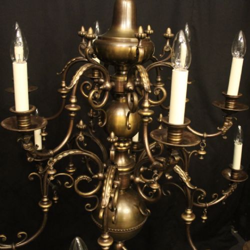 FLEMISH TIERED 12 LIGHT ANTIQUE BRASS CHANDELIER - ADDITIONAL PHOTO 5