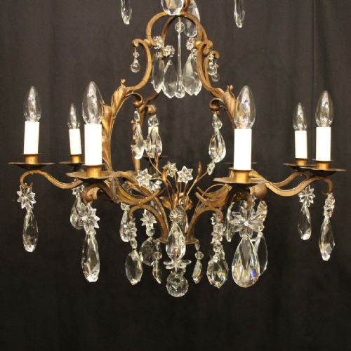 FRENCH TOLEWARE CRYSTAL 8 LIGHT ANTIQUE CHANDELIER - ADDITIONAL PHOTO 1