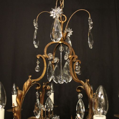 FRENCH TOLEWARE CRYSTAL 8 LIGHT ANTIQUE CHANDELIER - ADDITIONAL PHOTO 4