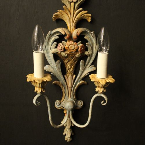 FRENCH PAIR OF POLYCHROME ANTIQUE WALL LIGHTS - ADDITIONAL PHOTO 2