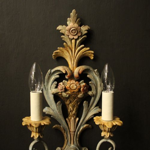 FRENCH PAIR OF POLYCHROME ANTIQUE WALL LIGHTS - ADDITIONAL PHOTO 4