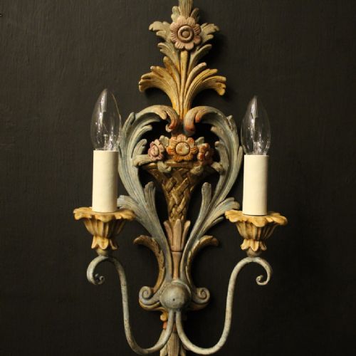 FRENCH PAIR OF POLYCHROME ANTIQUE WALL LIGHTS - ADDITIONAL PHOTO 6