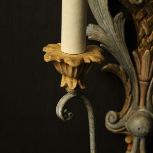 FRENCH PAIR OF POLYCHROME ANTIQUE WALL LIGHTS - ADDITIONAL PHOTO 7