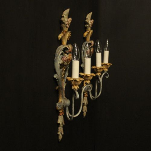 FRENCH PAIR OF POLYCHROME ANTIQUE WALL LIGHTS - ADDITIONAL PHOTO 9
