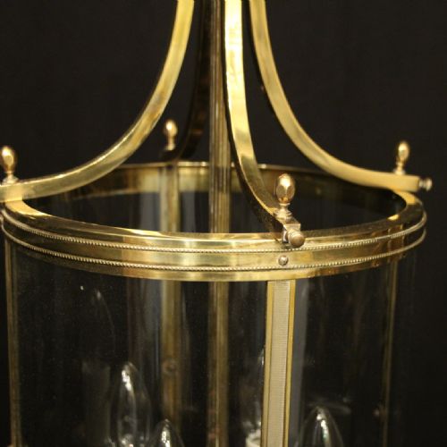 FRENCH BRASS FOUR LIGHT CONVEX ANTIQUE HALL LANTERN - ADDITIONAL PHOTO 4