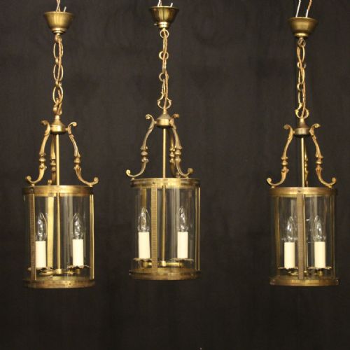 french set of 3 gilded convex antique hall lanterns - CATEGORY: ANTIQUE LIGHTING - DATED 1920
