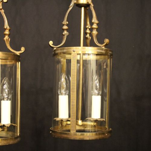 FRENCH SET OF 3 GILDED CONVEX ANTIQUE HALL LANTERNS - ADDITIONAL PHOTO 1