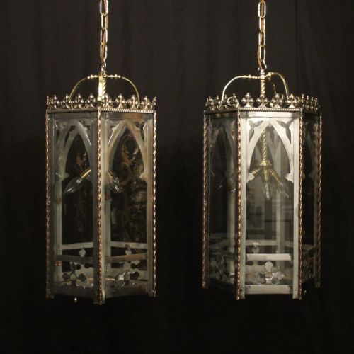 english pair triple light gothic antique hall lanterns - CATEGORY: ANTIQUE LIGHTING - DATED 19TH CENTURY
